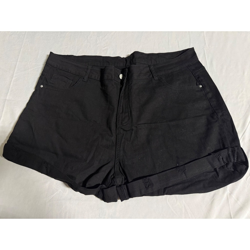 Unbranded Women Black High Waisted Denim Cuffed Shorts Size 22 Stretch Cotton
